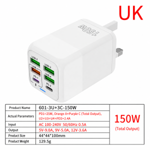 【🔥SG🔥】RICHMENTMALL 150W 6 Ports USB Charger PD Fast Charging Wall Adapter EU/US/UK Plug Charger Charge Multi Ports Power Adapter