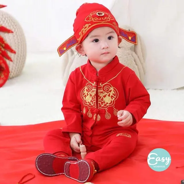 EASY WEARHOUSE Baby Boys 3pcs Traditional CNY Chinese Style Full Moon Birthday Romper Hat Shoe Clothing Set Lazada