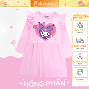 Váy bé gái tay dài Kuromi & Cinnamoroll Đầm hoạt hình bé gái Bomines thun cotton cho bé từ 3- 10t 12-30kg DTDBKRMCIN