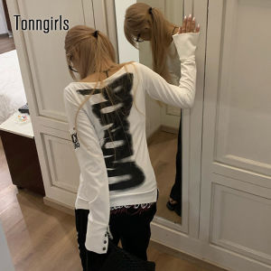 Tonngirls American Retro Print T-shirt Women Long Sleece Button Graphic Tops Y2k Tops 2000s Japanese Grunge Tops E-girls Autumn2026