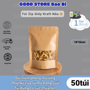 Bộ 50 Túi Dây Kéo Giấy Kraft Đáy Đứng 18*26+4Cm Có Cửa Sổ - Chống Thấm Nước Và Cực Bền