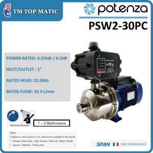 Potenza PSW2-30PC 0.5HP/0.37kW Water Pump Stainless Steel Inlet/Outlet 1" for 1-2 Bathrooms TM Top