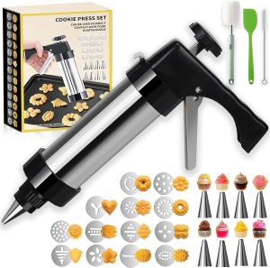 Spritz Cookie Press Kit - Easy Shaping & Durable Build Stainless Steel Cookie Press Kit with 13 Cookies Discs & 8 Piping Tips Cookies Maker Machine for Baking Holidays & Kitchen Use (Black)