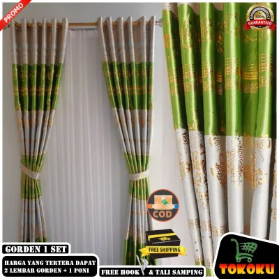 Gorden 1 Set Murah Lenkap Plus Poni Jendela Atas Pintu Pentilasi Udara Motif Batik Print Emas