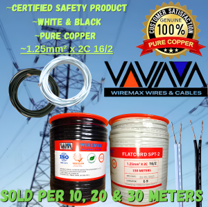 WIREMAX FLAT CORD WIRE TWIN-WIRE PURE COPPER 99.9%  16/2C (1.25mm)Per 10 20 & 30 Meters