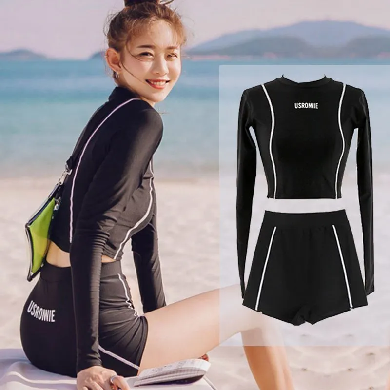 Long Sleeve Crop Top Rashguard Swimwear Swimsuit Terno For Beach Outdoor Swimming  Tops Shorts OL