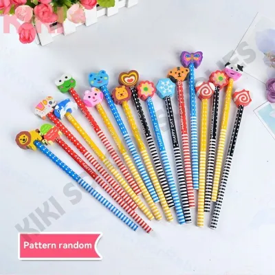 KK 1PC/20PCS/50PCS Pencil With Cute Eraser Primary School Supplies Cartoon Rubber Head Random Pencils Kids Stationary Wholesale Gift