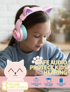 NEW!!! iClever BTH13 Bluetooth Kids Headphones Cat Ear LED Light Up Wireless Kids Headphones with Volume Limited (74/85/94dB) 45H Playtime Children Headphones with MIC Over Ear for School/Tablet/PC Pink
