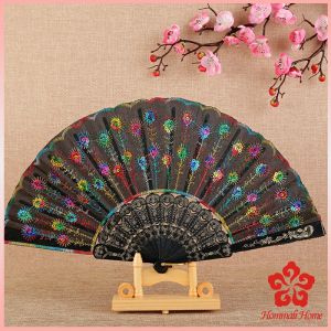 PHM พัดลูกไม้ ปักด้วยเกล็ดกลิตเตอร์ พัดแต่งขอบลูกไม้สีดำ Lace Folding fan