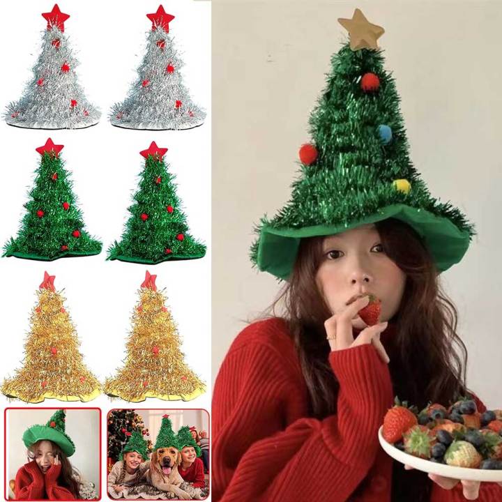 Shiny Tinsel Christmas Tree Hat Green Cloth Xmas Hat Funny Santa Claus