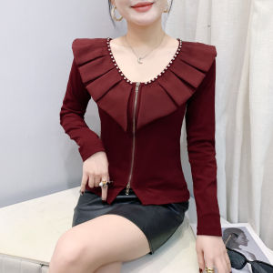 YIMEI กางเกงชั้นในสำหรับผู้ชายลูกปัดติดเล็บซิปคู่สำหรับผู้หญิงใหม่2025ฤดูใบไม้ผลิเสื้อฐานผ้าฝ้ายบางและบางเสื้อยืดคอวีแต่งระบาย