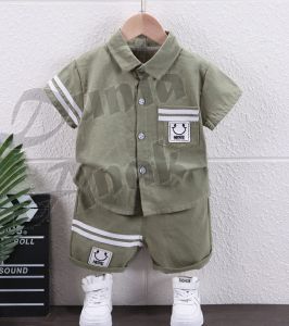 BAJU SETELAN KEMEJA ANAK LAKI LAKI LENGAN PENDEK WARNA HIJAU ABU KATUN UMUR 1-5 TAHUN