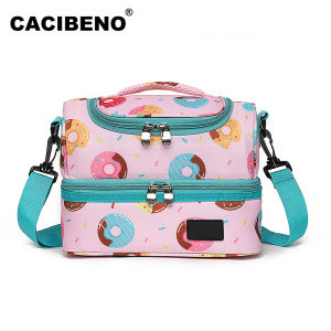 Cacibeno lnsulated Thermal Lunch Cooler Bag Double Deck For Kids Bento With Shoulder Sling 7L