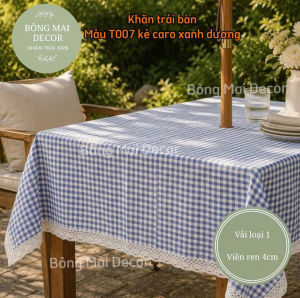 Khăn trải bàn vải canvas họa tiết kẻ nhí VIỀN REN phong cách Nhật Bản nhẹ nhàng vintage [T007]