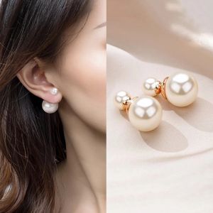 ต่างหูผู้หญิงต่างหูต่างหูไข่มุกทรงกลมสองด้านเนื้อละเอียดเครื่องประดับของขวัญสำหรับหญิงสาวสไตล์เกาหลี