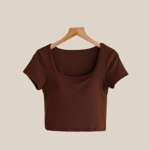 Cara Crop Top เสื้อยืดครอป คอตัวยู แขนสั้น  มีบราในตัว ไม่ต้องใส่บรา ไม่ต้องติดซิลโคน สะดวกสบายขึ้น