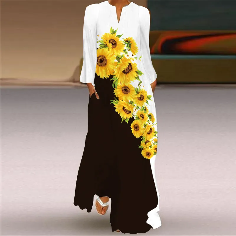 Golden sunflower flower Print White Dress 2023 Long Sleeve V-neck