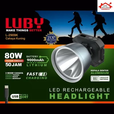 cuci gudang LUBY Headlamp Senter kepala Cas LED 80W - 80 Watt Lithium 9000mAh L-2909L Cahaya Putih / L-2909K Kuning Tahan 50 Jam - L 2909 L / K - LED Rechargeable Headlight - Cahaya Putih