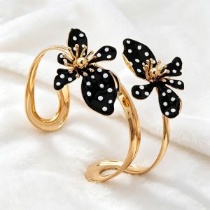 RGFV Polka Dot Flower Open Bangle Enamel Glaze Double Layer Floral Bracelet Personality Vintage Adjustable Bracelet Daily Wear