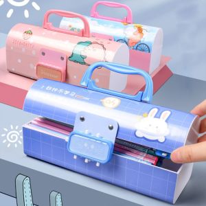 TSEVD Cartoon Creative Korean Style Children Double Layer School Supplies Stationery Case Student Pencil Case Pen Case With Password Lock  Storage Case