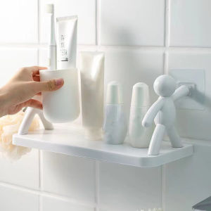 Houseeker Villain Design White Floating Shelves No Drilling Cosmetic Storage Rack Wall Mounted Hanging Spice Shelves Decor for Kitchen Bathroom Toilet