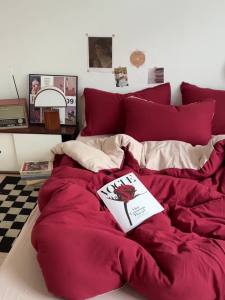 A Solid Color Washed Cotton Bedding Set Four-Piece Ultra Soft Skin-Friendly Bed Sheet Duvet Cover Student Dormitory Three-Piece Set Bed Skirt Style LZD