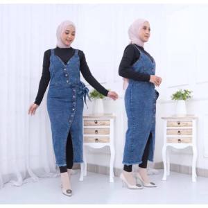 Overall Rok Jeans Span Wanita Baju Jumpsuit Wanita Strecth Full Kancing Overall Pita Terbaru