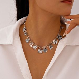 RANZH ปี 2000 สร้อยคอจี้หัวใจ โบว์ ปังค์ สร้อยคอหวาน สง่างาม ของประดับตกแต่ง สร้อยคอโลหะ ผู้หญิง