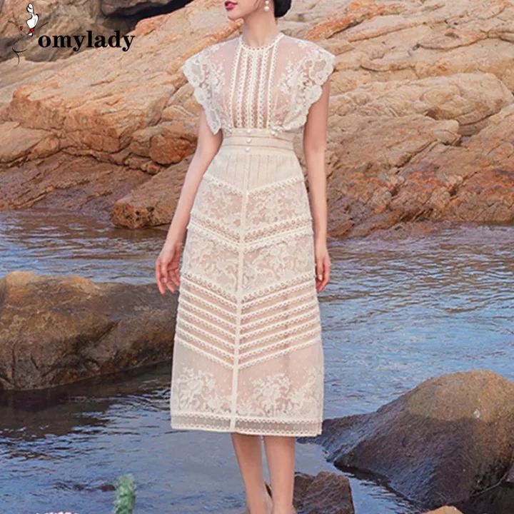 Vintage Lace Dress for Woman Striped O-neck Short-sleeve Elegant Bodycon  Dresses Woman High Waist Party Dress Fall New
