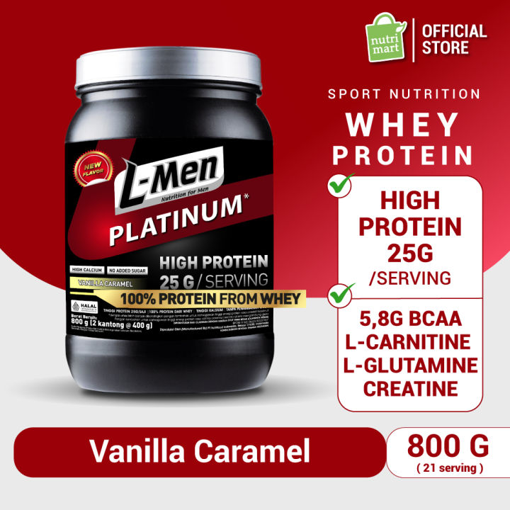whey protein glutamine l carnitine bcaa i kreatin L-Men Platinum Vanilla Caramel 800g / 1,7lbs - 25g Whey Protein - 21  Serving - 5,9g BCAA dilengkapi Creatine, L-Glutamine & L-Carnitine