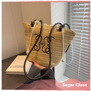 Drawstring Embroidery Bucket Bag Crossbody Bag Woven Bag Holiday Beach Bag Shoulder Bag by Sugar Class