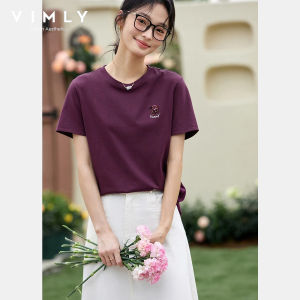VIMLY Womens Minimalist Office T-shirt 2026 Summer New Round Neck Solid Sequins Embroidery Short Sleeve Straight Top A15162026