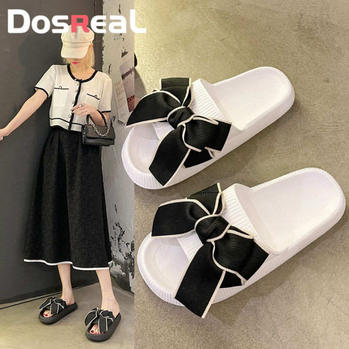 DOSREAL Women Korean Style Fluffy Slippers Ribbon Comfy Wear Thick Bottom  Anti-Slip Summer Casual Outdoor/ Indoor Slipper Ladies Beach Sandals
