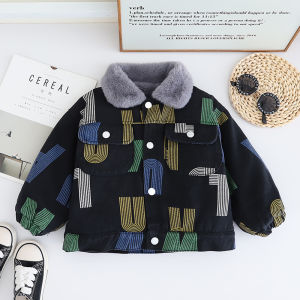 LI Boys Fleece-lined Denim Coat Autumn and Winter Clothing 2023 New Winter Clothes Korean-Style Thickened Cotton-Padded Jacket Childrens Winter Fashionable