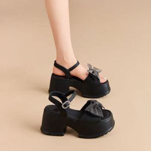 [Free Shipping] WomenS Thick-Soled Sandals New Summer Styles High Heels Rhinestone Embellishments Fashionable Silver Bow Design Suitable For Casual Wear And Easy To Match With Various Outfits