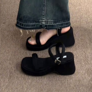 Free Shipping Korean-Style Black Wedge Sandals With A Single Strap Versatile And Comfortable For Women Perfect For Petite Figures New Summer Beach Sandals