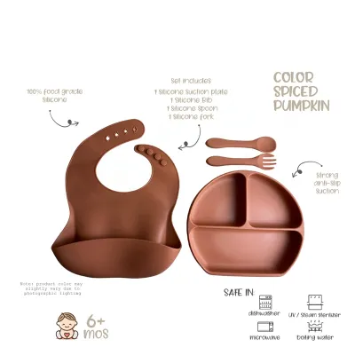 [COD]Premium 100% Food Grade Silicone BPA Free Baby to Toddler 5PCS Silicone Suction Plate with Spoon Fork bowl bib