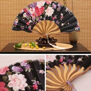 WAPKTY Flower Pattern Chinese Folding Fan Handheld Bamboo Wood Art Craft Fan Elegant Accessory Classical Silk Fan Summer Gift