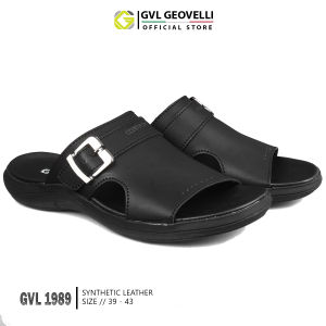 Gvl Geovelli Sandal Pria Sendal Slide Cowok Casual Kekinian Kulit Premium Kualitas Lokal - G1989 Hitam