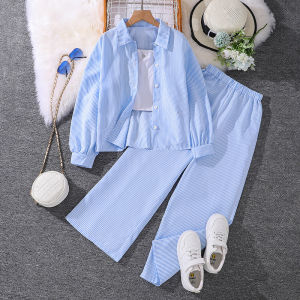 2025 Spring Autumn Teen Girls Clothing Set Stripe Long Sleeve Shirt+Wide Leg Pants 3Pcs Suit For 6-13 Years Kids Fashion Outfit
