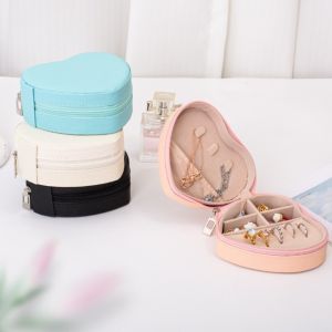 GURUNGMANI Heart-Shaped Jewelry Box Zipper Closure Leather Necklace Storage Box Portable Solid Color Ring Storage Box Jewelry Storage