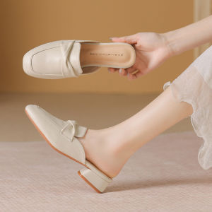 Slip-on Toe Semi-slip Mules for Summer Wear Leather Single Shoes Womens Casual Lady Flat-heeled Sandals