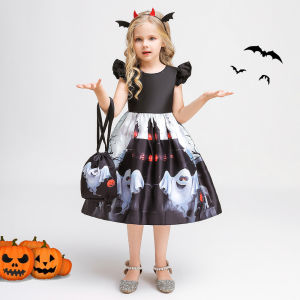 MQATZ (Send Bag Headdress)Halloween Childrens Clothing Girls Cosplay Doll Collar Witch Pumpkin Show Dress Kids Princess Party Clothes WS018