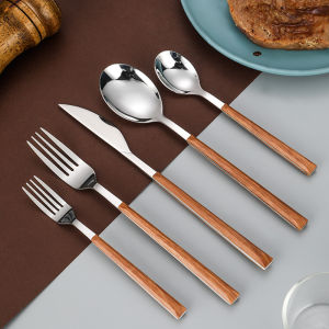 Imitation Wood Handle Spoon Fork Coffee Spoon Fruit Fork Cutlery Set Stainless Steel Spoon Fork