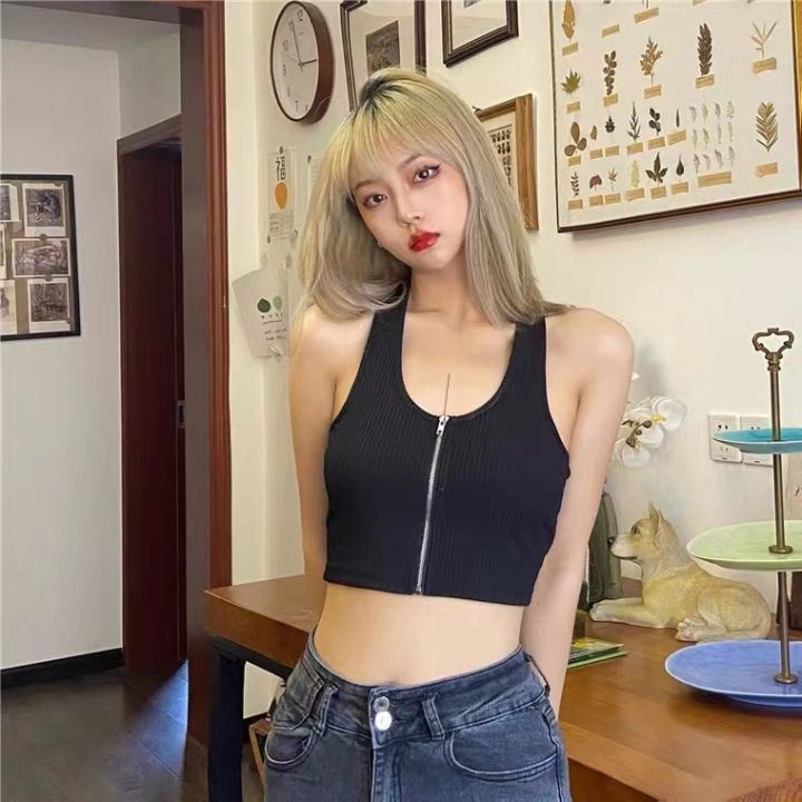 Tank Tops with Zipper Design Sando Crop Top For Womens Maroon