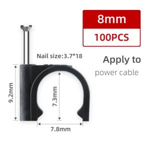 MIRELINA 100Pcs/Set Black Round Cable Wire Clips Plastic Metal 4-16mm Nail In Cable Clips Steel Nails Coaxial Cable Clamp for Ethernet Cable
