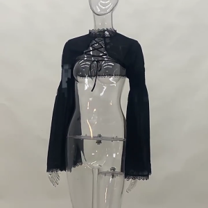 เสื้อครอปตาข่ายตาข่ายคลุมไหล่สุดเซ็กซี่สำหรับผู้หญิงแขนยาวแบบตาข่ายผูกด้านหน้าแบบตาข่ายคลุม