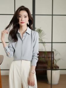 AMMIN 2025 Autumn New Gray Blue Satin Commuter Shirt for Women Korean Style Long Sleeve Vintage Hidden Single-Breasted High-End Elegant Blouse