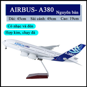 Mô hình máy bay Airbus A380 bằng hợp kim có đèn led nhạc và bánh xe dài 45cm kèm chân đỡ