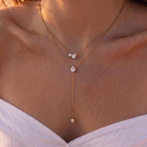 Stainless Steel Gold Tone Double Layer Y Drop Necklace for Women Waterdrop Cubic Zirconia & Pearl Pendant Necklace Fashion Jewelry Gift